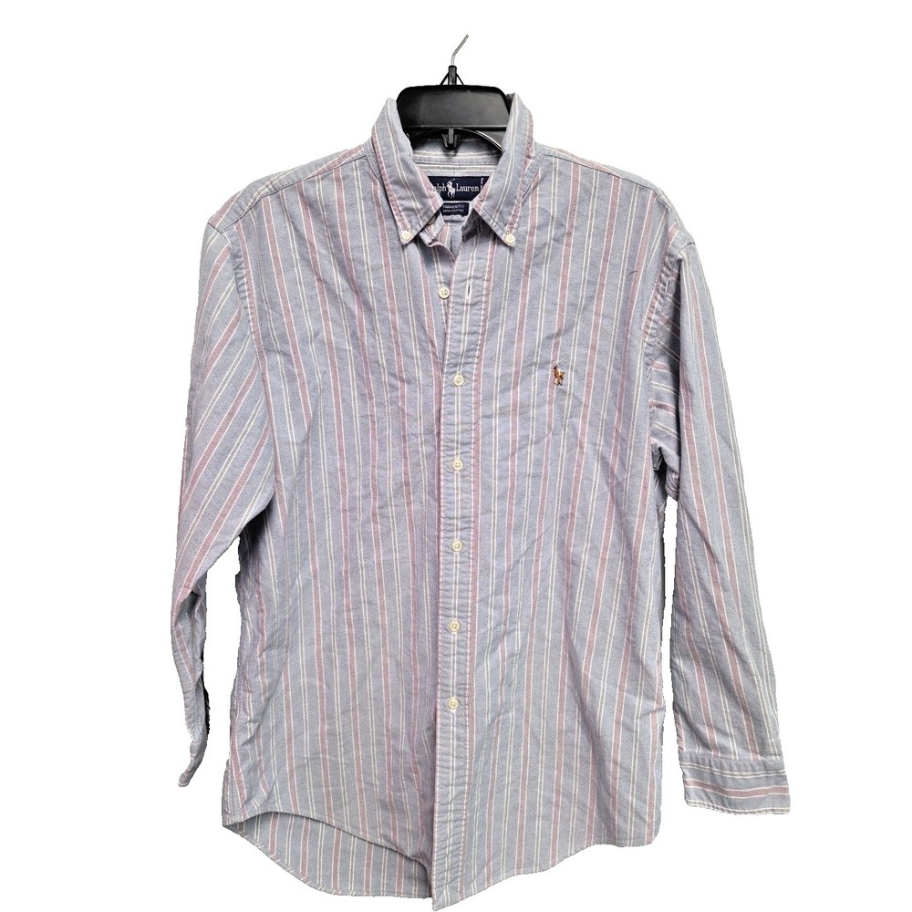 Vintage Ralph Lauren Yarmouth Shirt Mens 15.5 32/33 Blue Striped‎ Flesh Pony 90s